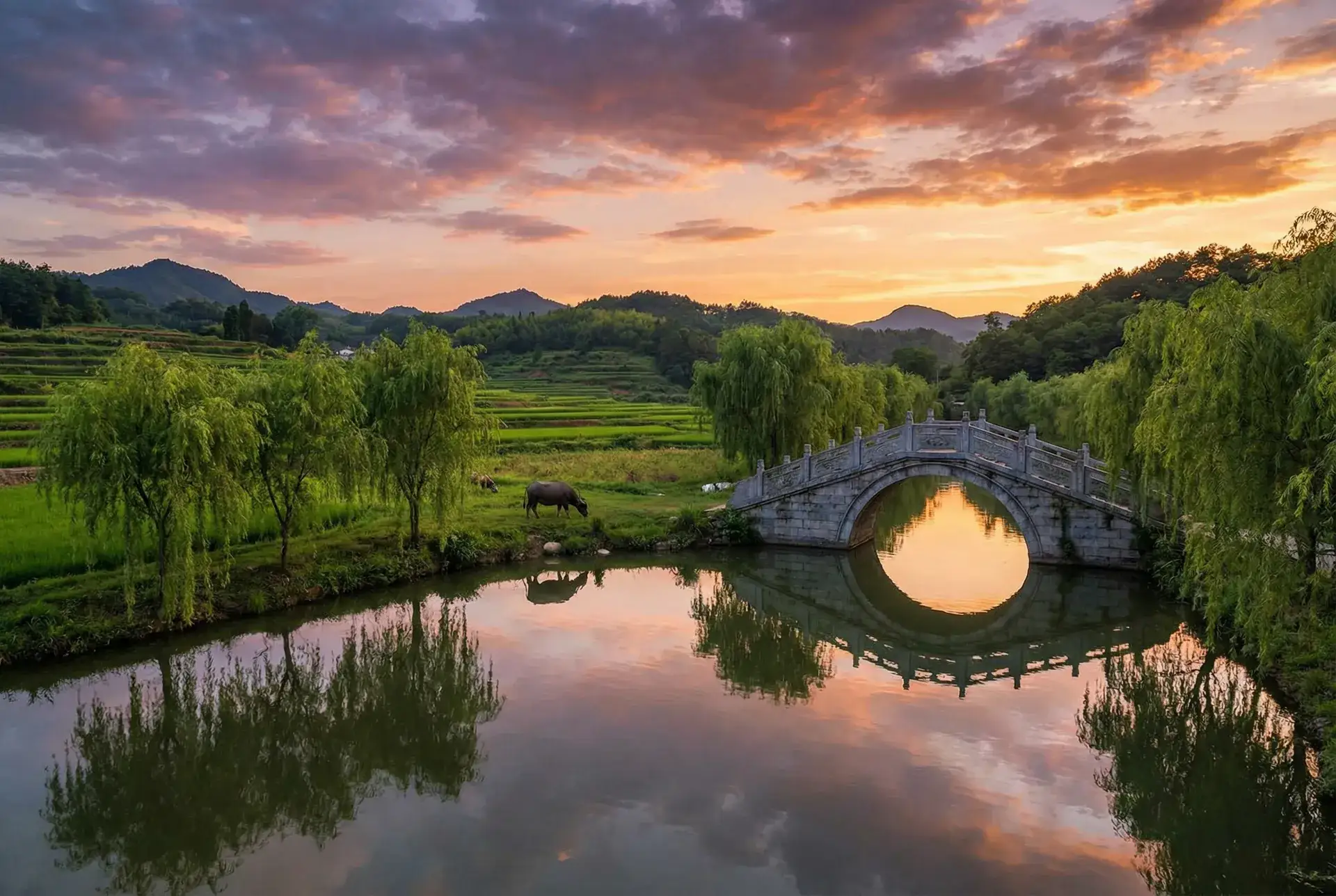 夕阳下的石拱桥与垂柳，水牛在河边吃草 - 母子性交 乡村美景